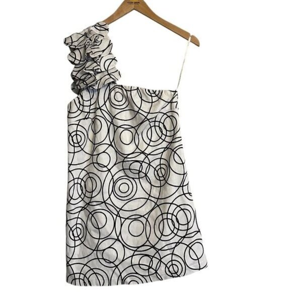 Ghita One Sholder White with Blac Circle Print Mini Dress Size Small - Picture 1 of 10